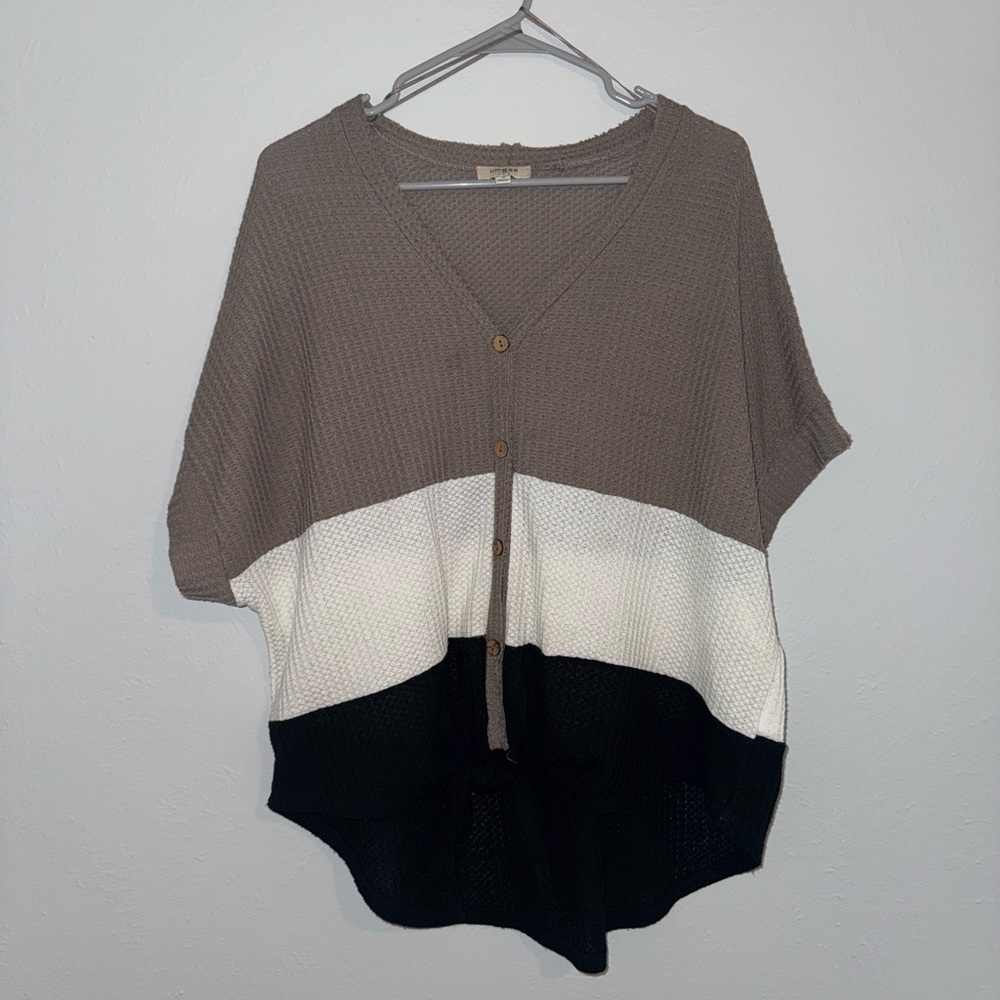 Umgee Women's Button-Up Color Block Cardigan - Brown, White, and Black